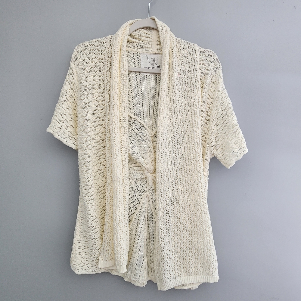 Thistle and Lavender Cream Knit Short Sleeve Cardigan Shrug With Back Twist